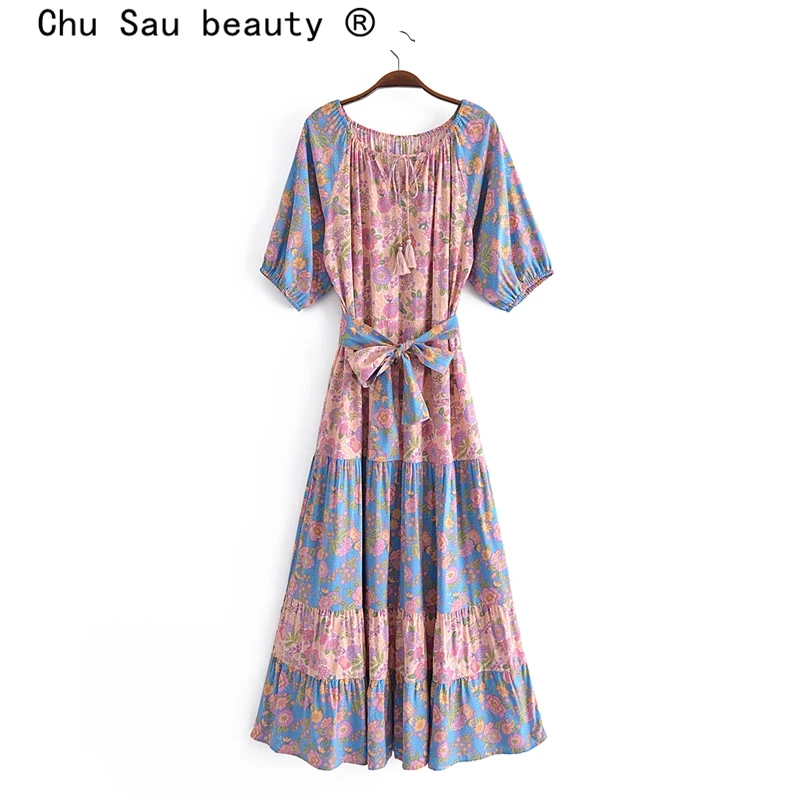 

Женское винтажное платье в богемном стиле, длинное праздничное платье с цветочным принтом и бантом на поясе, свободные платья, Новинка