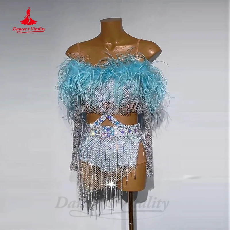 

Latin Dance Competition Dress Senior Feather Rumba Chacha Tango Performance Costume Customsized Adult Child Latin Fringe Dress