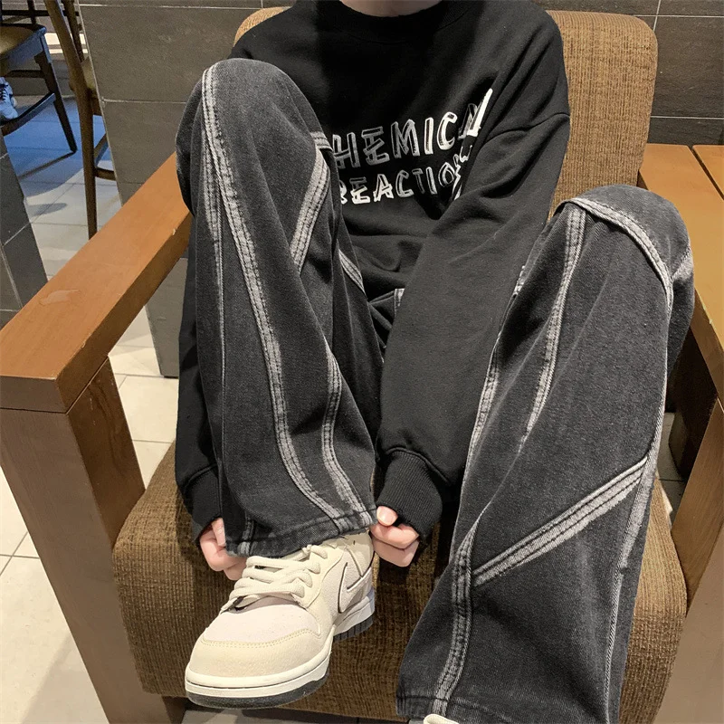 DEEPTOWN Patchwork Straight Jeans Men Hip Hop Streetwear Denim Pants Loose Stripes Casual Trousers Male Fashion Spring Autumn