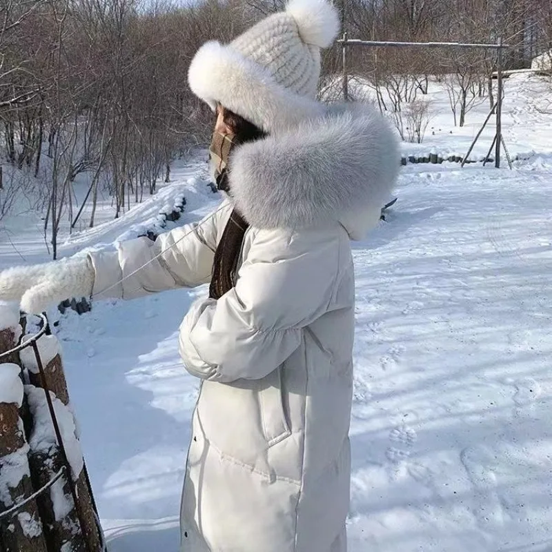 White Duck Down Jacket Women's Winter New Big Real Fur Hooded Middle And Long Korean Over Knee Fashion Elegant Horn Solid Parker