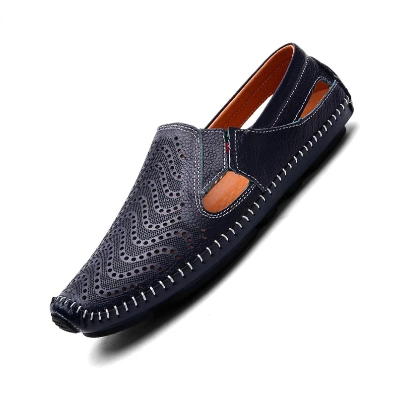 

Zomer Mannen Leer Toevallige Instappers Wit Flats Slip-On Drive Schoenen Sandalen Zwart Zachte Outdoor Mocassins Plus Size