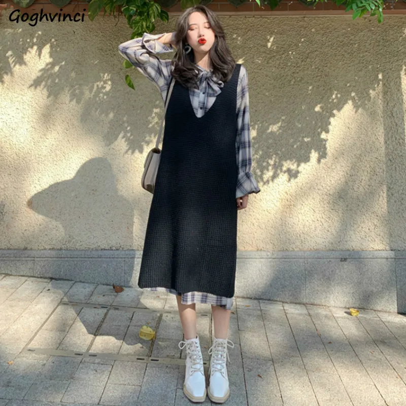 

Women Sets Elegant Leisure 4XL Loose Young Plaid Dress Bow Knitted 2Piece Preppy Style Korean Teens Streetwear New Hot Sale Ins