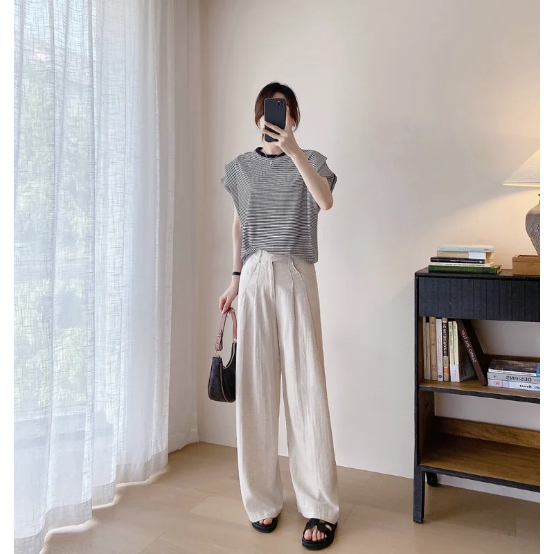 

Женские повседневные брюки из хлопка и льна, прямые утягивающие брюки, дышащая, женская одежда с широкими штанинами, лето, новинка 2022 г.