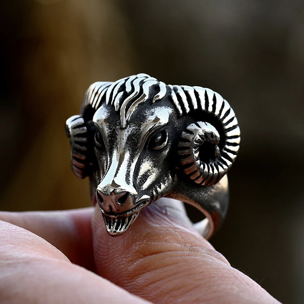 

Punk Retro Creative Sheep's Head Ring Stainless Steel Ram's Horn Animal Ring Hip-hop Men's Fashion Party Jewelry Gifts Wholesale
