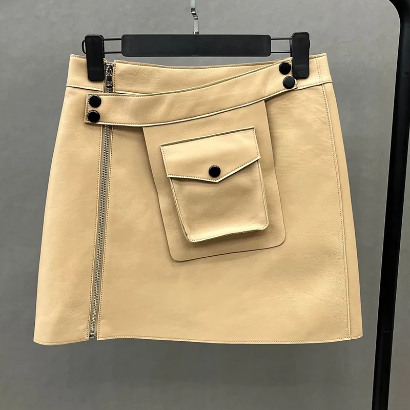 

Genuine Sheepskin Leather Skirt Women New Design Short Skirt With Pocket Lady Mini Skirts FG5548