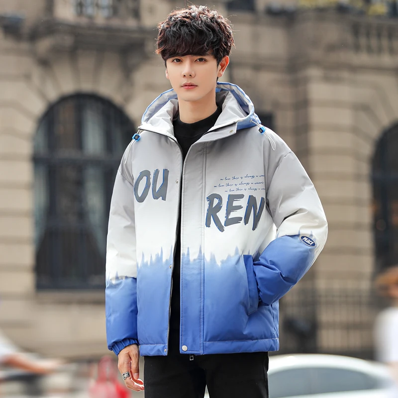 Hip Hop Thick Gradient Parkas Winter Mens Hooded Cotton-Padded Jackets Youth Harajuku Warm Down Coats Male Outwear Tops Clothing
