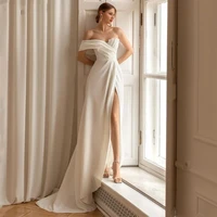 elegant boho a line wedding dress one shoulder high slit pleats summer bridal gowns custom made sweep train satin bride dresses
