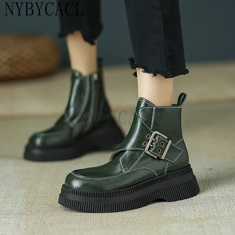 New Women Ankle Boots Fashion Design Metal Buckle Sewing Genuine Leather Thick Heels Autumn Winter Working Shoes Woman Fashion
