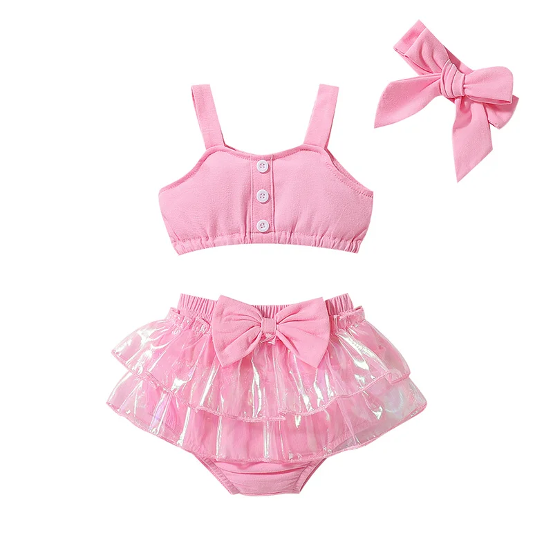 

Baby Girl Summer Suit Sleeveless Suspender Tops + Elastic Waist Ruffled Shorts + Bow Headband Pink 3-piece Suit for 0-18 Months