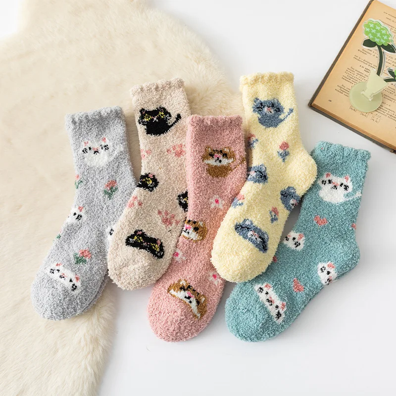 

Autumn Winter Thick Warm Women Socks Soft Plush Thermal Long Socks Animals Cartoon Japanese Kawaii Cute Coral Fleece Socks Women