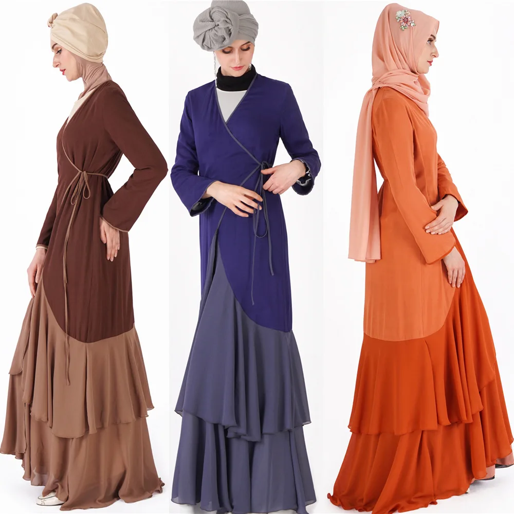 Женское мусульманское платье на шнуровке с оборками на подоле