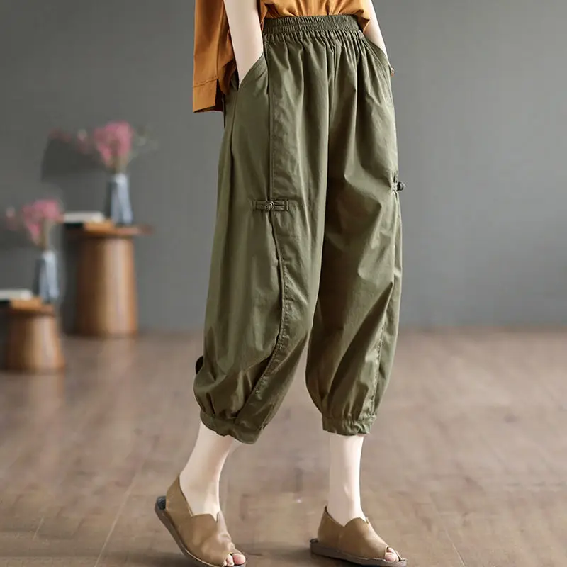 2023 New Arrival Summer Women All-matched Cotton Patchwork Calf-length Pants Casual Loose Elastic Waist Harem Pants P640