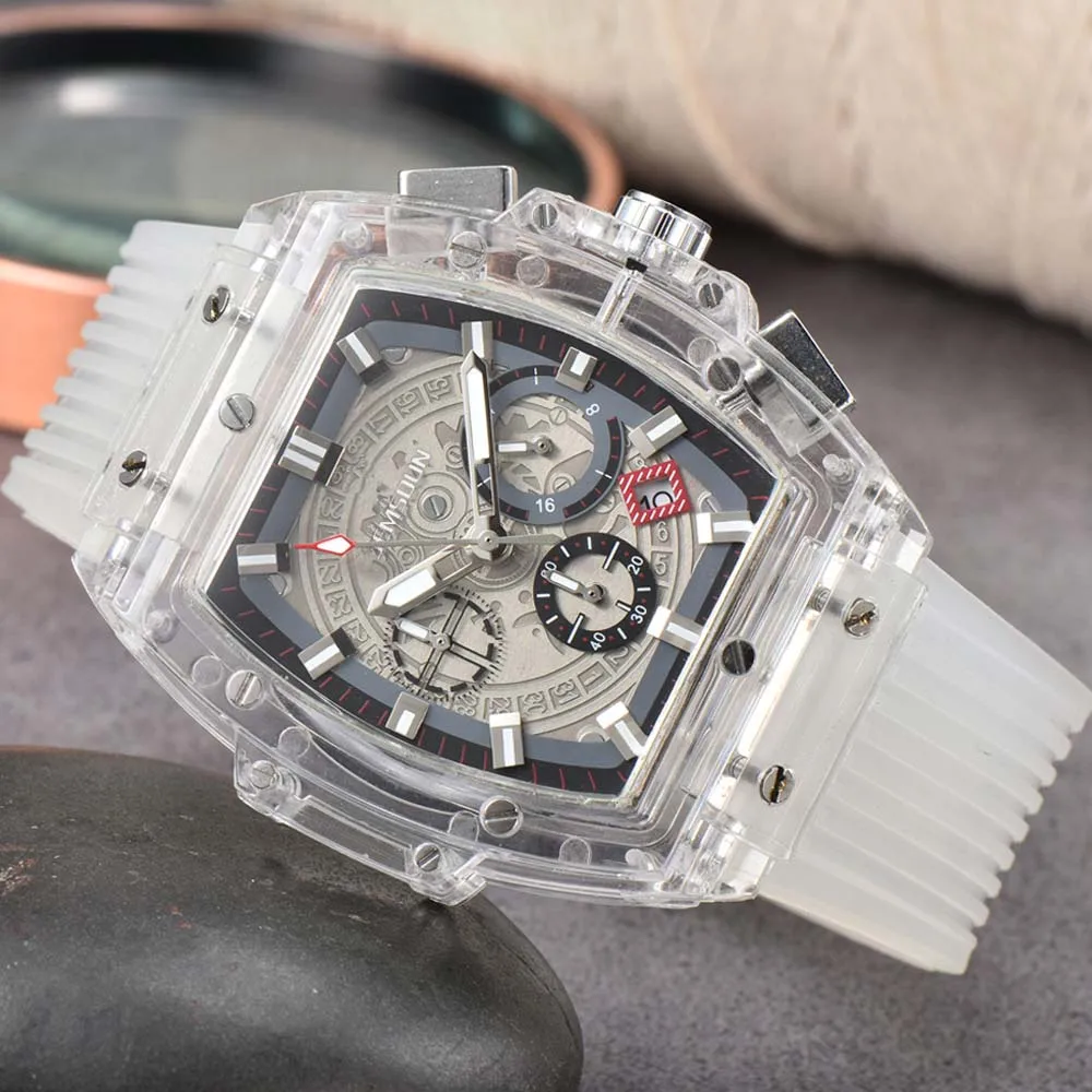 

AAA New Original Brand Mens Watches Classic Tonneau Multifunction Transparent Case Automatic Date Watch Chronograph Quartz Clock
