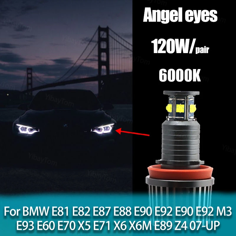 

High Power Super Bright for BMW 1 3 5 Series E81 E82 E87 E88 E60 Z4 E89 120W/Pair Free Error 6000K White LED Angel Eyes Light