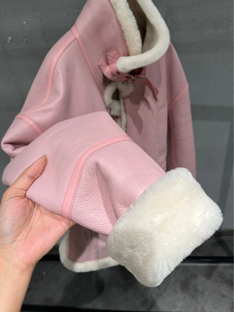 2022 Winter New Fashion All-Matching Loose Pink Wool Coat Lady's Genuine Leather Motorcycle Jacket Women Real Sheepskin Clothing enlarge
