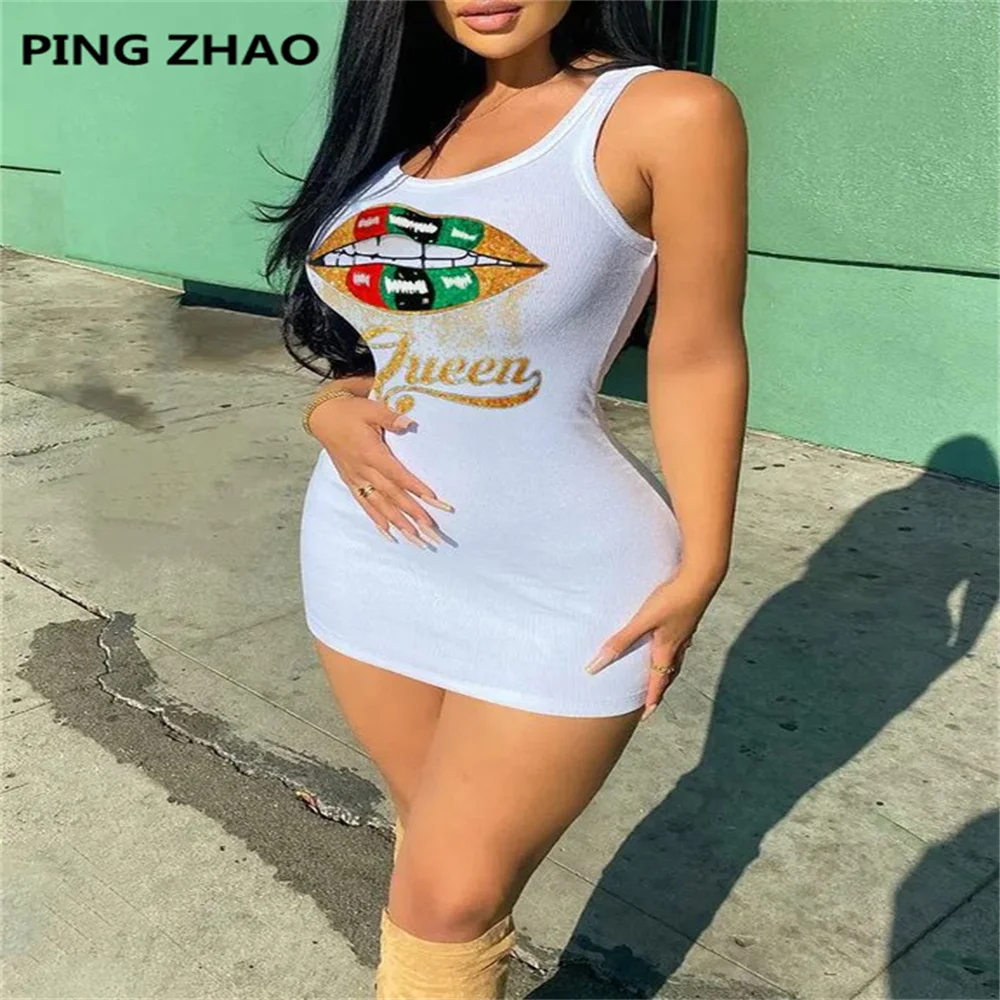 

PING ZHAO Letter Print White Tank Dresses Street Fashion Sexy Summer Clothes for Women Sleeveless Bodycon Mini Dress