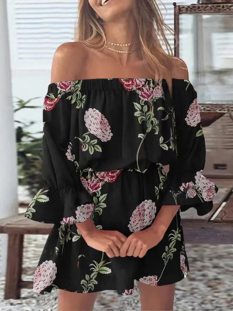 

Sexy Off Shoulder Floral Print Waist Mini Dress Elegant Butterfly Sleeve Elastic Waist Party Dress New Women Sweet Beach Dresses