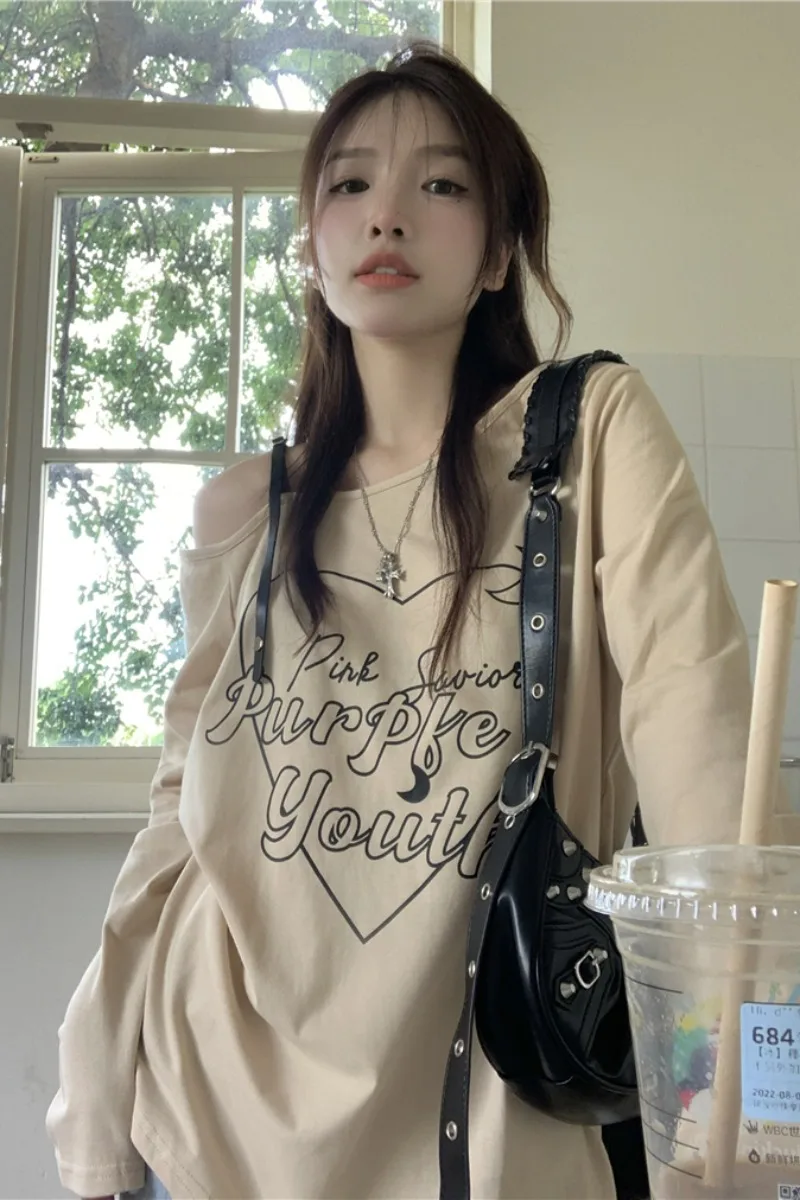 

Повседневные свободные футболки с открытыми плечами, корейские асимметричные с длинным рукавом и вырезом лодочкой, винтажные сексуальные футболки с принтом сердца, женские футболки Y2k
