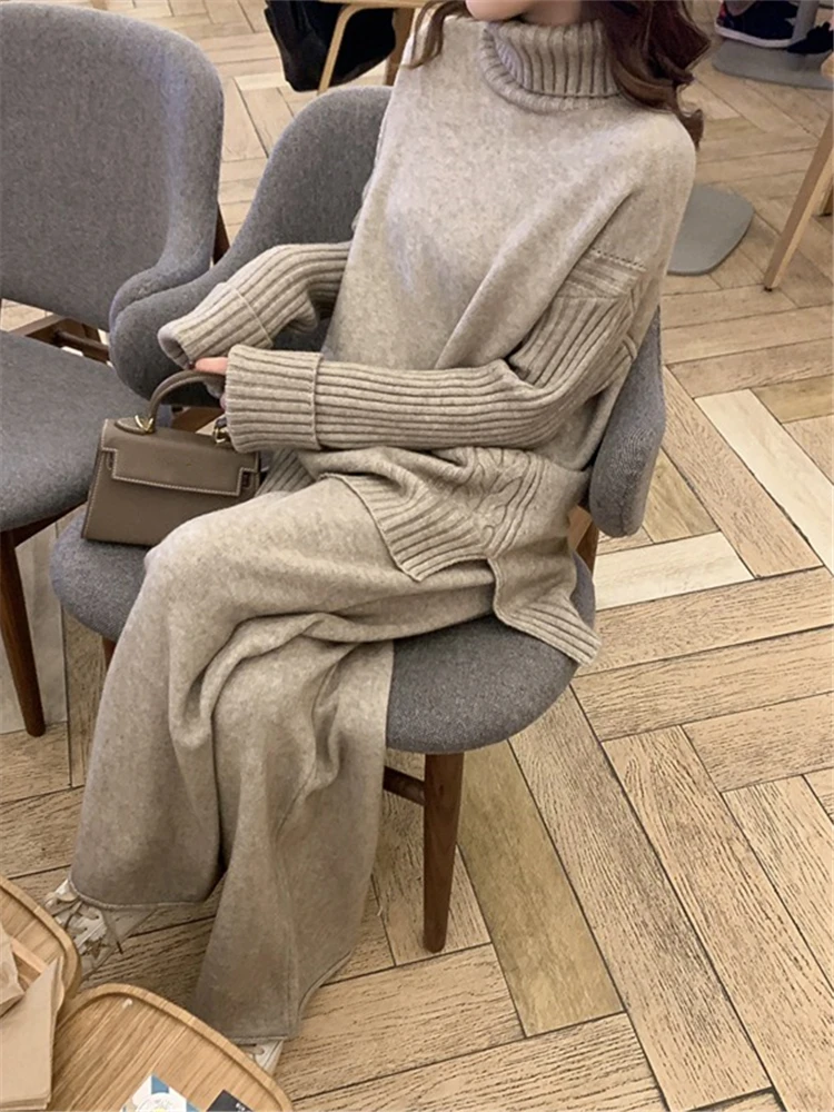 

Casual NEW Autumn and Winter Fashion Sweater Set Women Suit Knitted Sweater and Wide Leg Pants Loose Trousers Split Pullover