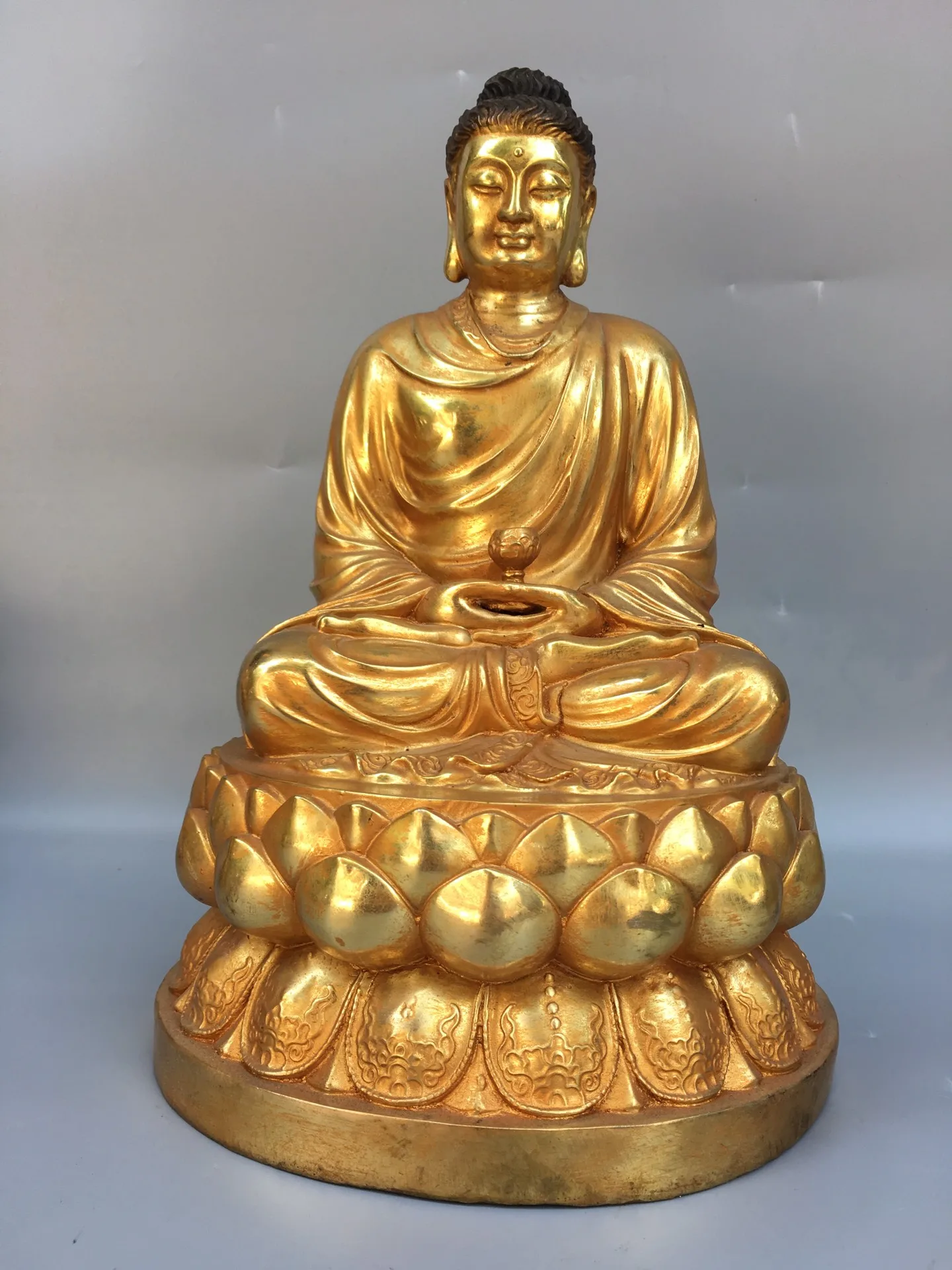 

12" Tibetan Temple Collection Old Bronze Gilt Amitabha Shakyamuni Buddha lotus platform worship hall Town house Exorcism