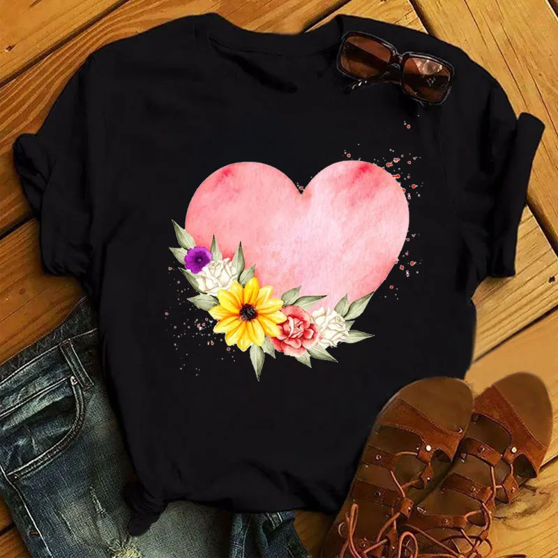

Women New Fashion Black T-shirt Heart Flower Print T Shirt Female Harajuku Graphic Cute Tee Tops Ladies Short Sleeve T-shirts