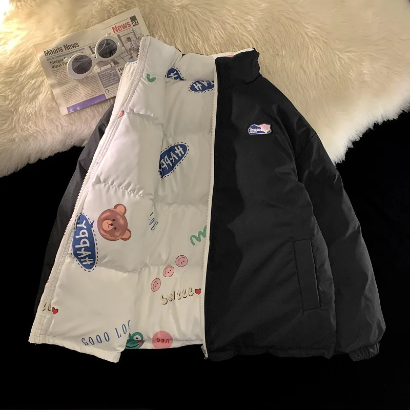 2022 New Winter Double-sided Parkas Harajuku Solid Color Print Cartoon Unisex Winter Jackets for Men Streetwear Women Coat Zip
