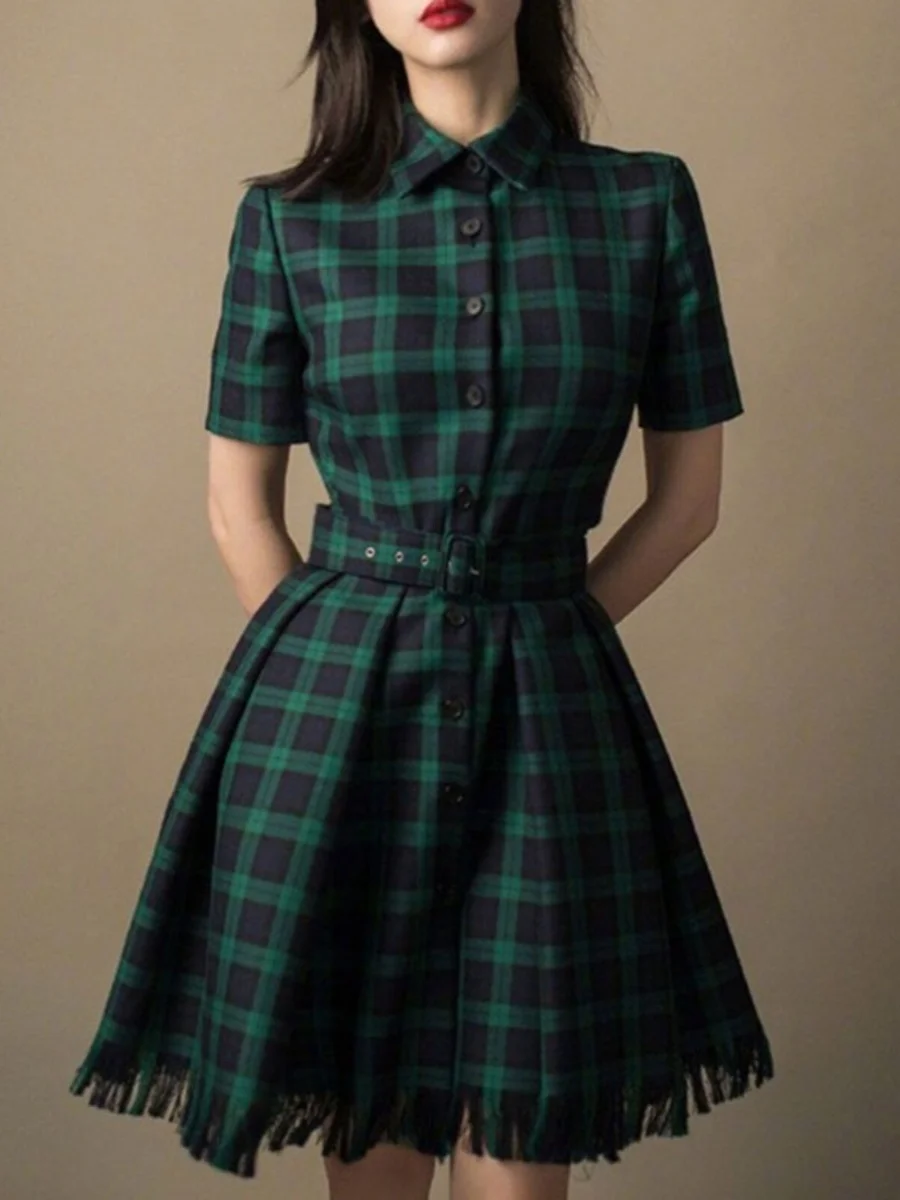 Wang Ziwen Same Sle Hong Kong Ретро Зеленое клетчатое платье с воротником-поло Женская юбка