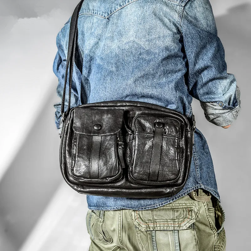 High-quality genuine leather men's black messenger bag outdoor designer luxury natural real cowhide double pocket shoulder bag