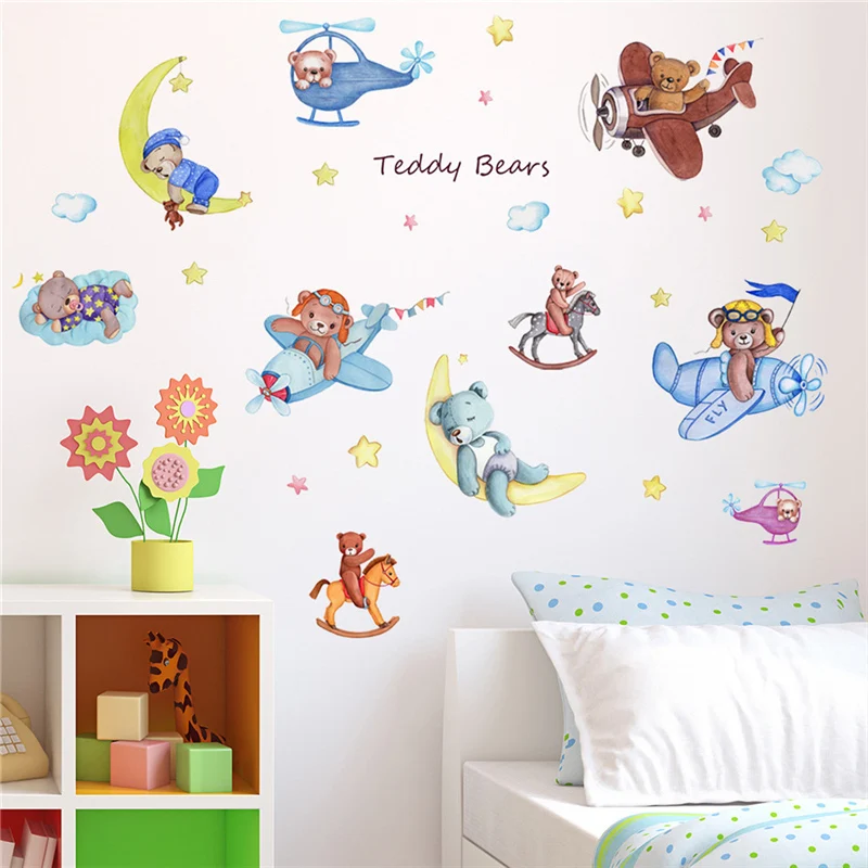 

Cartoon Bear Pilot Sleeping on the Moon and Stars Wall Stickers Kids Baby Room Nursery Room Decoration Wall Decals Home Decor