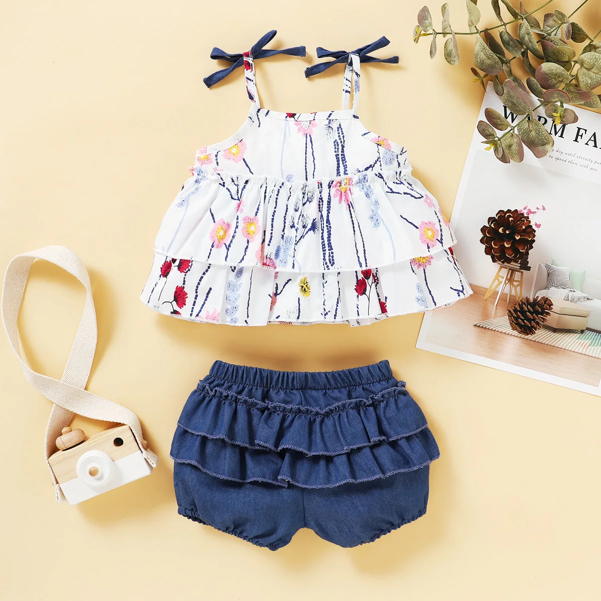 

Toddler Newborn Baby Girl Clothes Sets Summer Lace-up Bow Print Skirt Tops Ruffled Blue Shorts Infant Fashion 2Pcs Outfits Suit