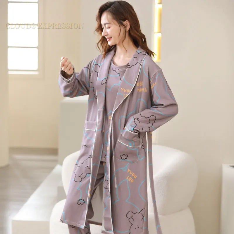 

2 3 Piece Sets Elegant Womens Pajamas Sets Pyjamas Long Sleeved Print Cotton Sleepwear Lady Pijamas Homewear Nightgown Fashionn