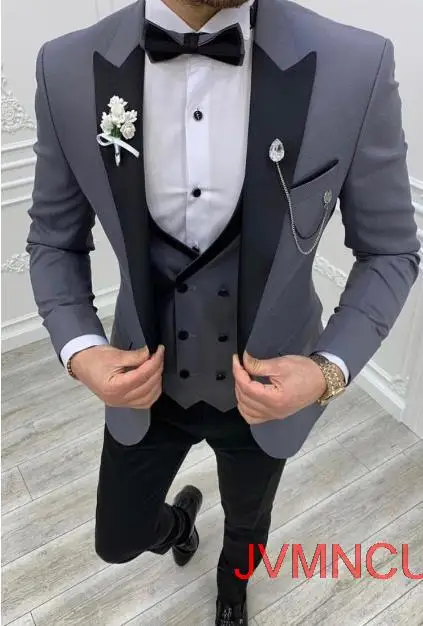 

New Grey Costume Slim Fit Men Suits Black Pant Slim Fit Groom Tuxedos for Formal Wedding Suit Jacket Pant Vest 3 Pieces Blazer