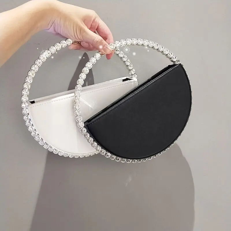 

White Handbags Women Unusual Semicircular Dinner Zipper Bags Black Leather Wedding Bridal Gifts Purse Party Hand Bags for Ladies