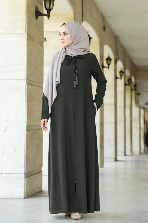 

Один кусок вышитый Ferace хаки istanbulstyles мусульманский для женщин одежда Турция