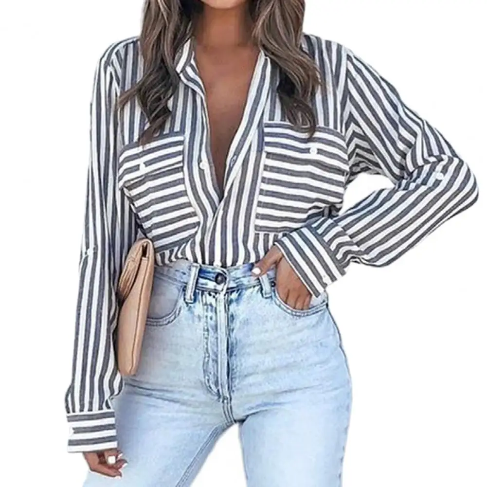 

Turn-Down Collar Long Sleeve Patch Pockets Women Shirt Striped Print Buttons Down Loose Office Shirt Female Clothing Blusas Traf
