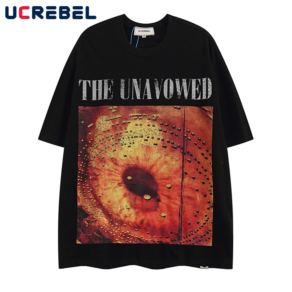 

Eye Print Short Sleeve T-shirt Mens Streetwear Casual Half-Sleeve Summer High Street Loose Crew Neck Cotton Tee Men