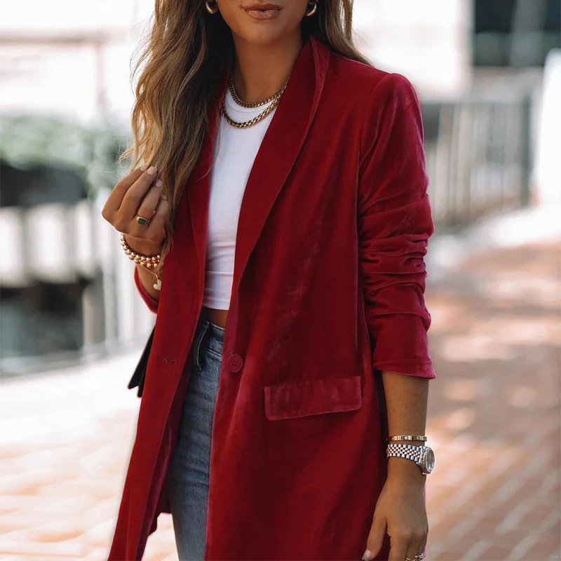 

Office Velvet Blazer Boat Autumn Winter Solid Loose Button-up Suit Jackets 2022 Fashion Lapel Outwear Commute Lady Streetwear