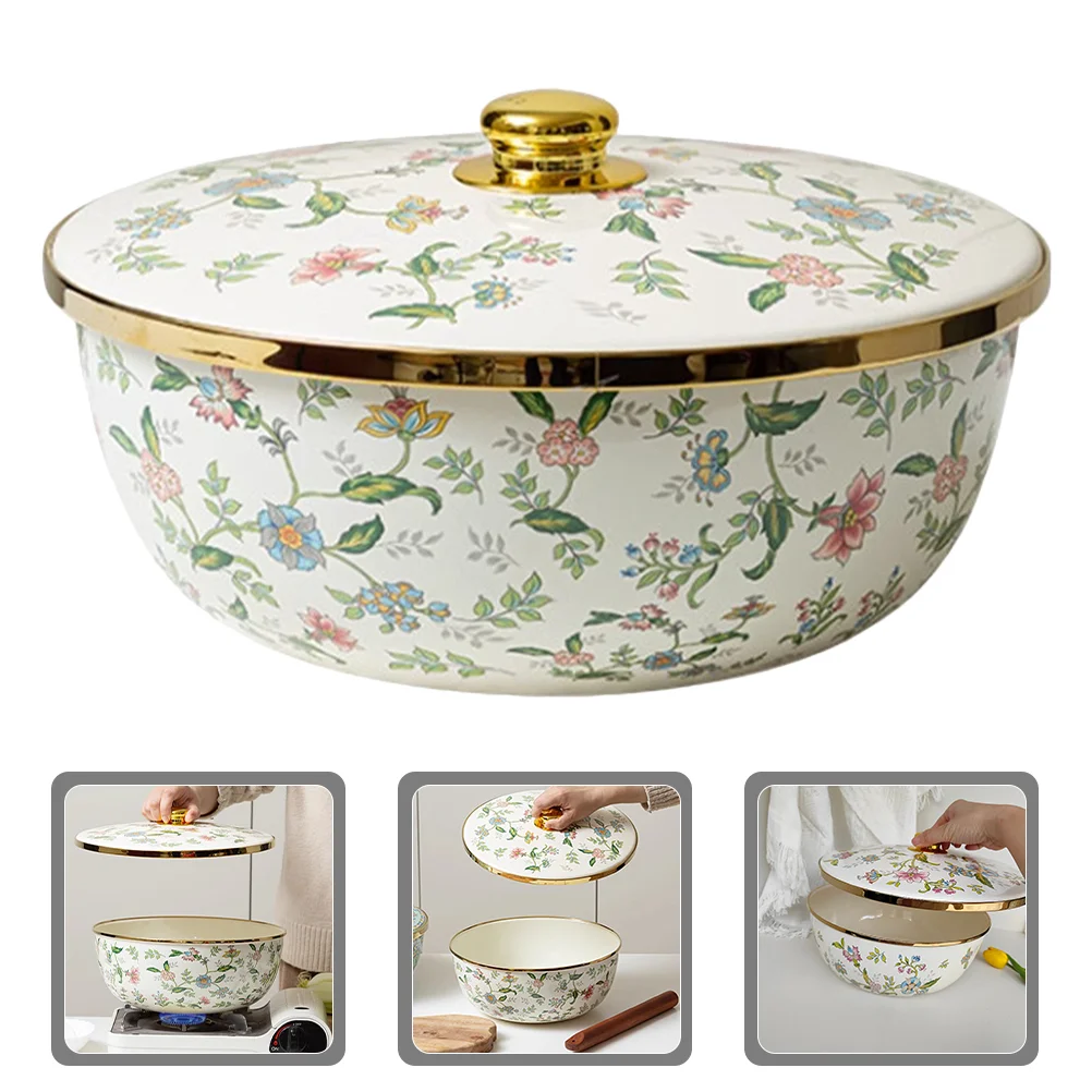 

Chinese Style Enamel Soup Basin Large Salad Serving Bowl Kitchen Enamel Storage Holder with Lid