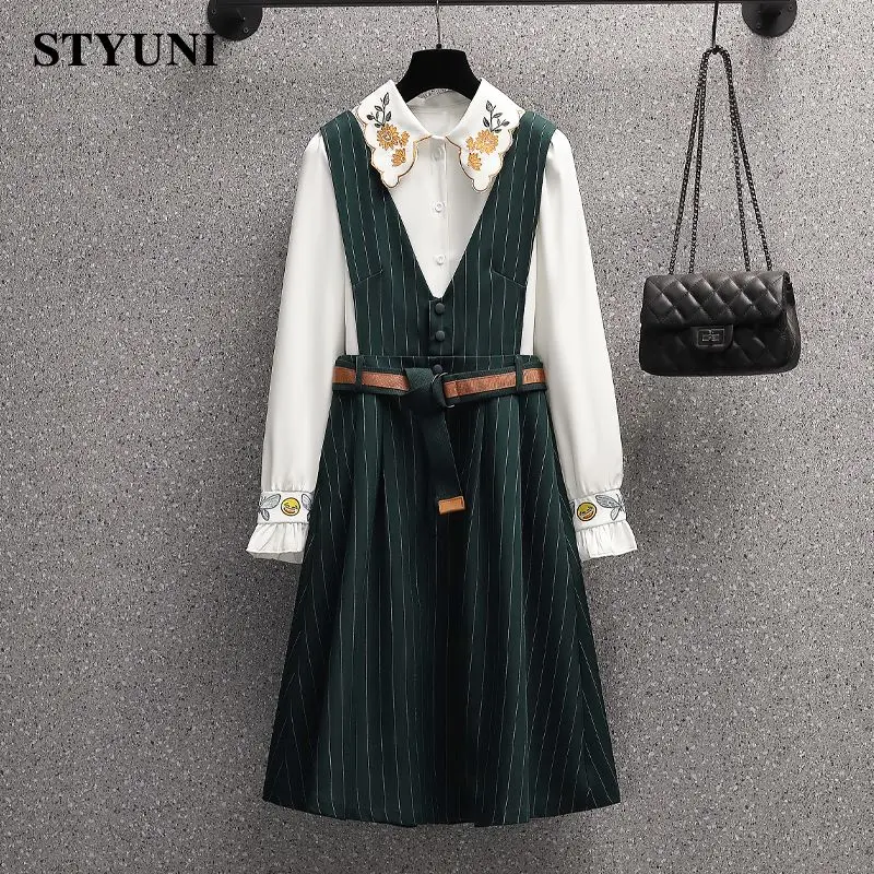 

Dark Green Striped Vintage Women's Dress Long Sleeve Embroidery Peter Pan Collar Blouses Shirt Two-piece Set Womens Outifits