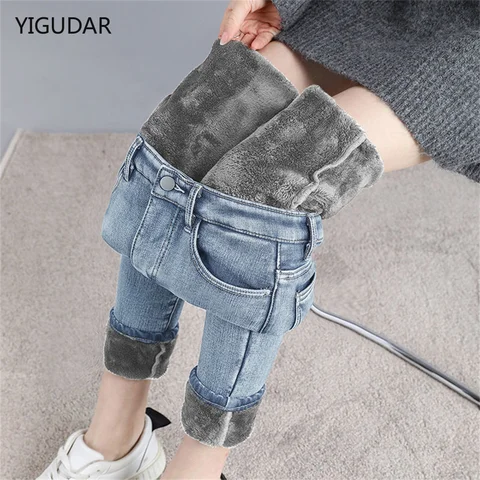 Winter Mid Waist Skinny Warm Jeans Women Plus Velvet Ankle Length Vaqueros Casual Thick Pencil Pants Basic Fleece Denim Trousers