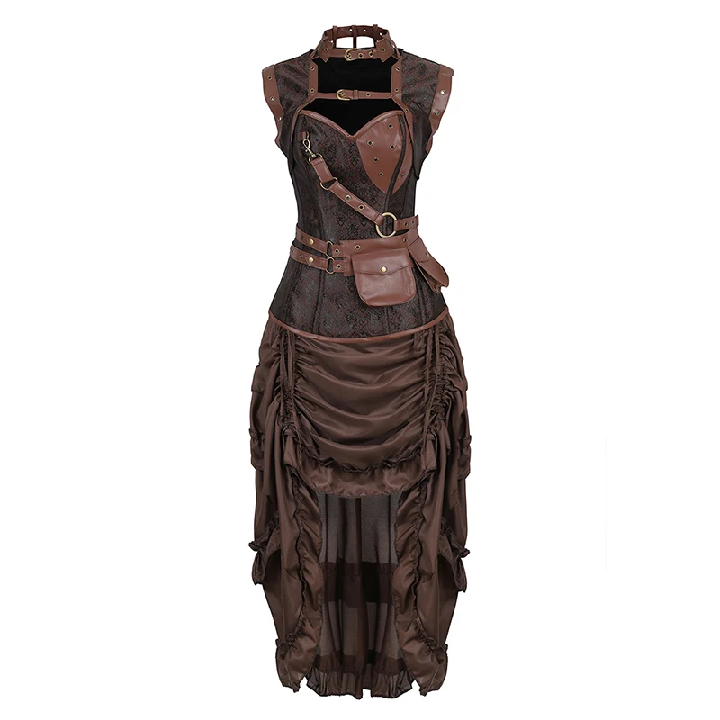 Steampunk Corset Dress For Women Burlesque Pirate Costume Plus Size Faux Leather Gothic Corset Top With Dress Brown