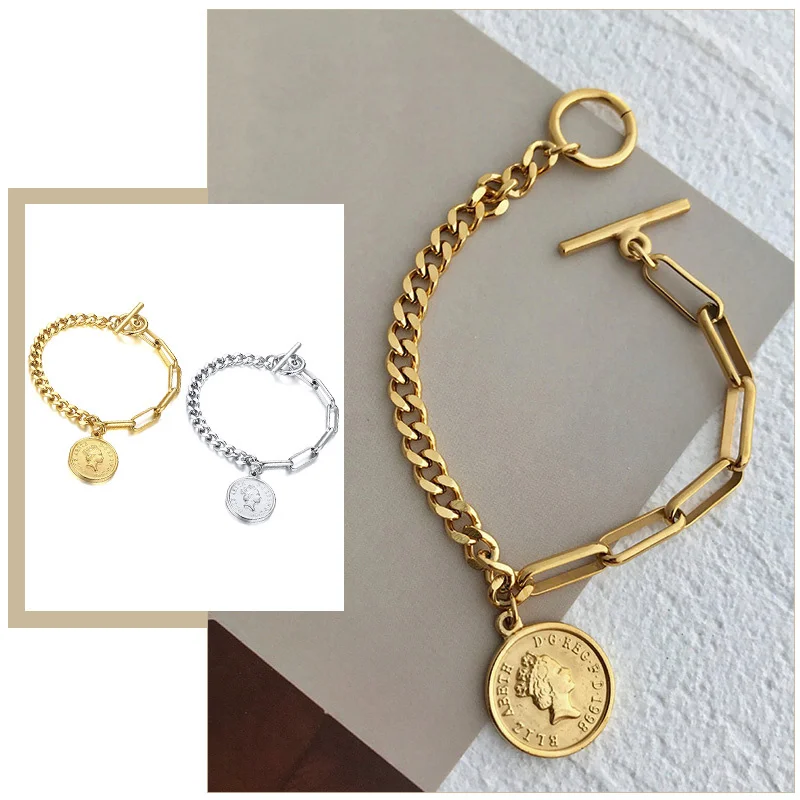 

Stylish Lara Chain Women Bracelets Wide Link with Elizabeth Coin Charm Bracelet Candid Lady Fashion Jewelry T Closure