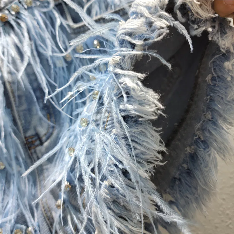 LXUNYI Summer New 2023 Ostrich Hair Design Shorts Women Denim Patchwork Tassel Fashion Wide Leg Heavy Diamond Jeans Pants