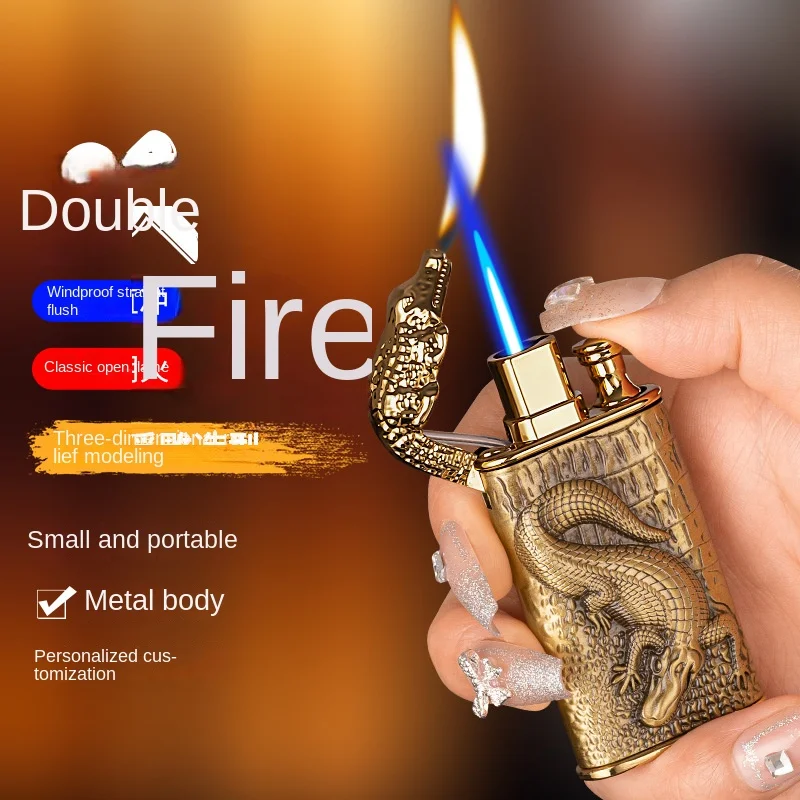 

Double Fire Crocodile Head Gas Lighter Three-Dimensional Relief Straight Punch Conversion Flame Lighter Lighter Lighters Smoking