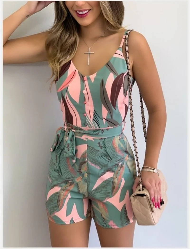 Women Summer Stripe Elegant Light Cooked Style Playsuits Overalls for Women 2023 V-neck Sling Fashion Leaf Print Belt Jumpsuits