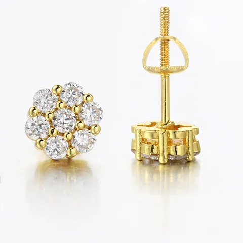 Серьги-гвоздики StoneAge Flower Iced Out CZ золотого цвета