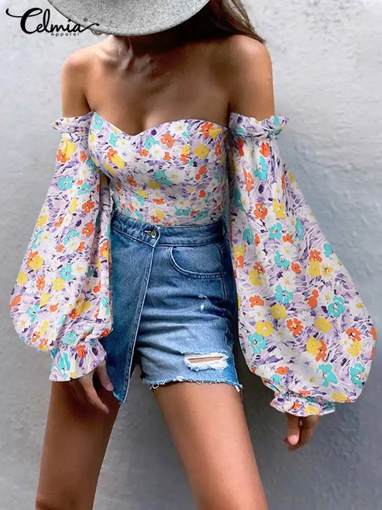 

Celmia Женская винтажная рубашка с цветочным принтом, пикантные блузки с открытыми плечами, лето 2022, топы-трубы с буффами и длинным рукавом, пра...
