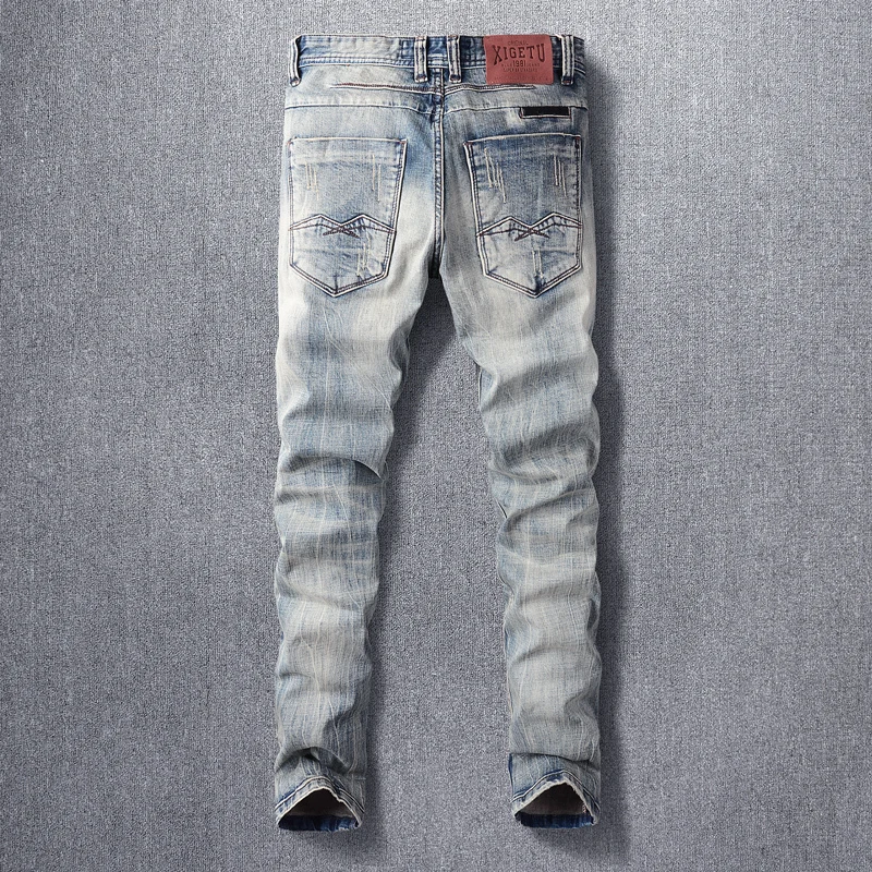 Fashion Vintage Men Jeans Retro Gray Blue Elastic Slim Fit Ripped Jeans Men Stretch Trousers Patched Designer Denim Pants Hombre