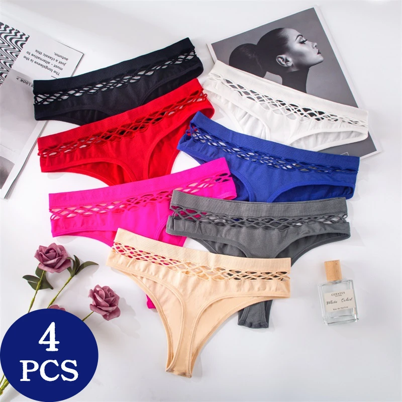 4Pcs/Set Sexy Women's Thong Panties Waist Hollow G-Strings Exotic Lingerie Breathable Nylon Underwear Ladies Thongs 4pcs M-XXL