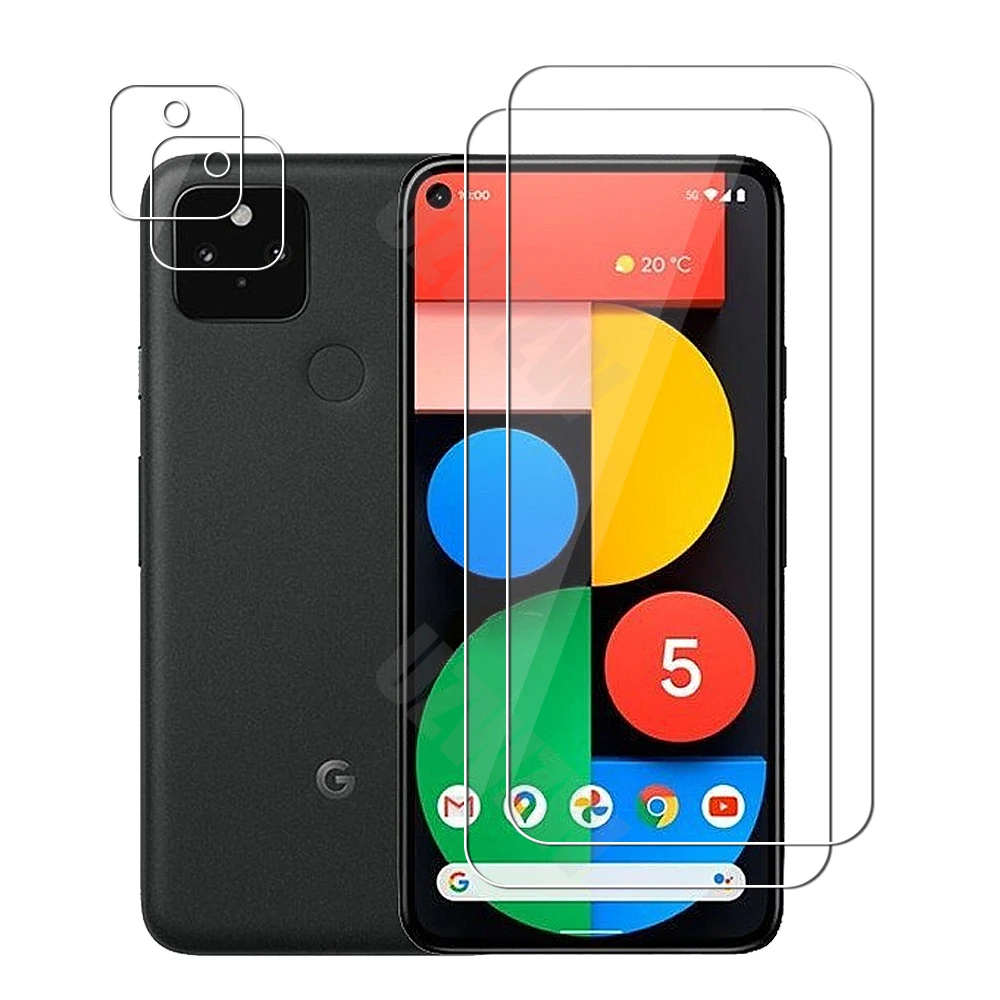 (2+2) For Google Pixel 5 (5g) (2pcs) Camera Lens Film & (2pcs) Protective Phone Screen Protector Tempered Glass Guard